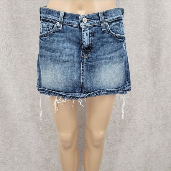 7FAM 7 For All Mankind Y2K Denim Blue Jean Mini Skirt Raw Distressed Hem - Picture 1 of 13